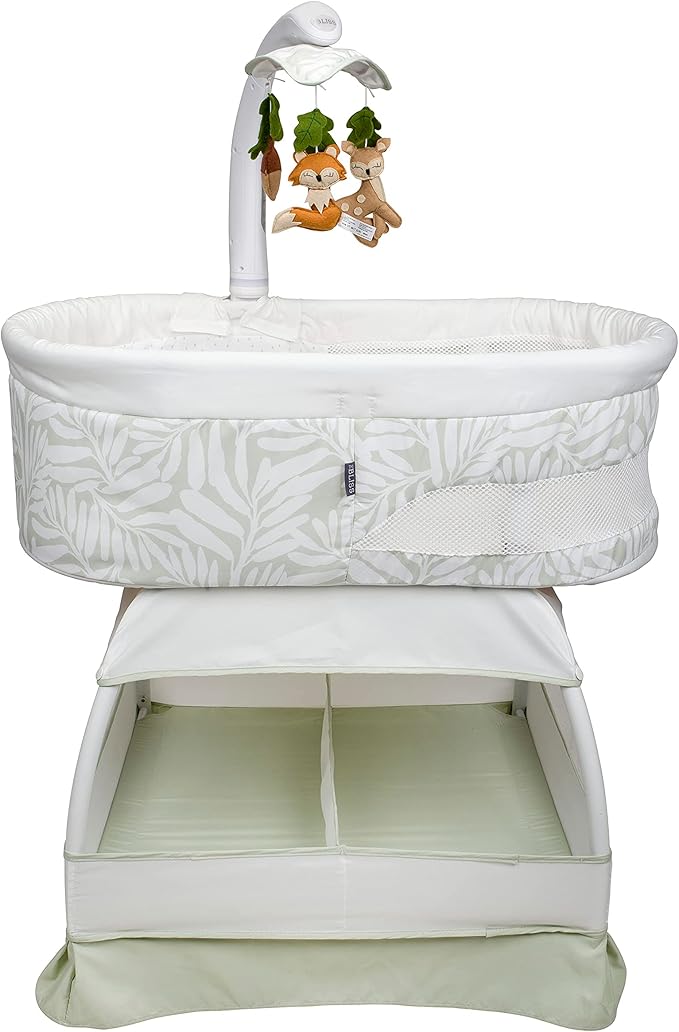 Baby Sweetli Calm Infant Bassinet Bedside Crib Sleeper with Cry Recognition, Electric Mobile with Deluxe Toys, Music, Nightlights, Vibration (Sage Fern Leaves)
