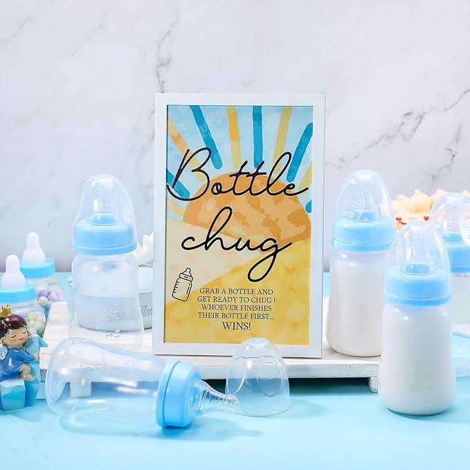 Roowest Bottle Chug Baby Shower Game Favors Including 18 Pcs Feeding Bottles with 1 Sun Theme Bottle Chug Wooden Sign for Gender Reveal Baby Shower Party Supplies