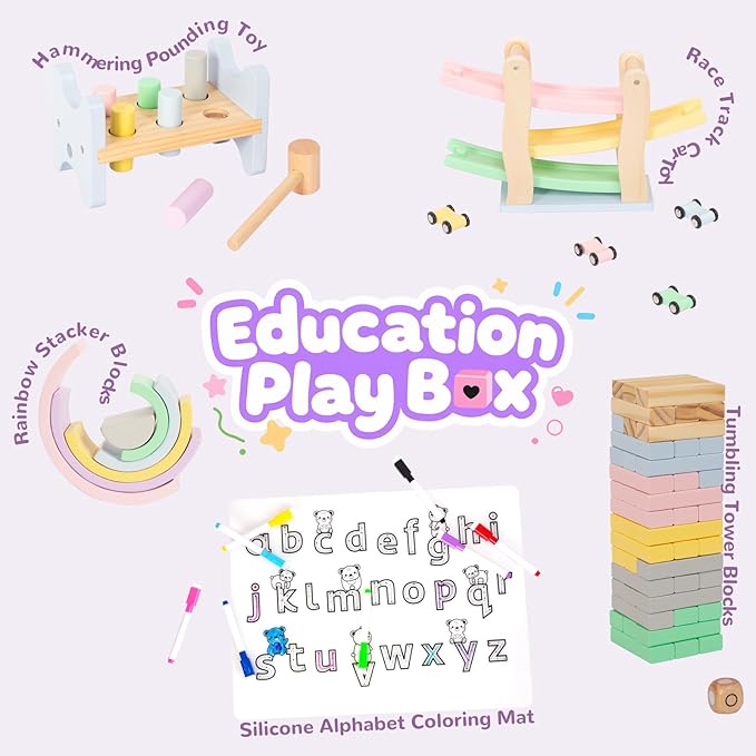 Wooden Toys for Kids, 5 in 1 Learning Educational Set (Includes Rainbow Stacker, Hammering Pounding, Race Track, Tumbling Tower Blocks, Alphabet Writing)- Gift for Boys Girls