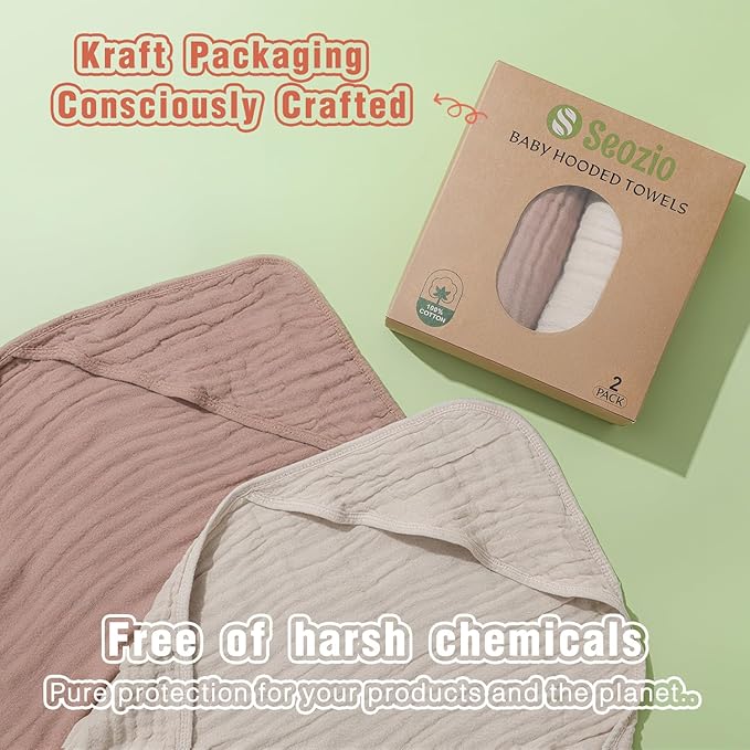 Muslin Hooded Baby Towels, 2 Pack 100% Cotton 32x32Inch Baby Bath Towel with Hood for Babies, Infant, Toddler, Soft and Absorbent Newborn Essential. (Light Bean Paste)