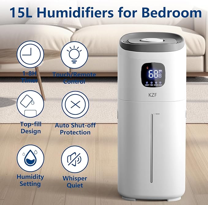 KZF 15L Humidifiers for Bedroom Large Room - 2000 Sq.ft Coverage, 72Hrs Runtime, Top Fill, 26dB Quiet, 3 Mist Levels & Diffuser, Auto Shut-Off, Ready for Baby Nursery and Plants