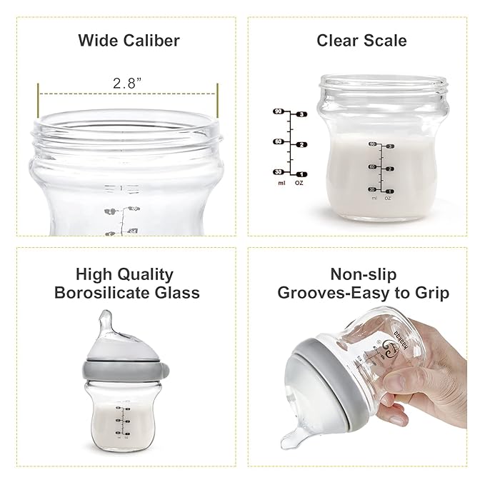 haakaa Gen.3 Natural Glass Baby Bottle Set 4.2oz & 6oz - Wide Neck Anti-Colic Slow Varibale Flow Nipple, 0M+ 3M+ 6M+ Breastfed Babies