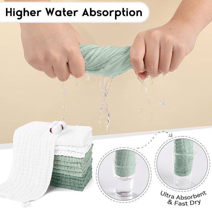 Muslin Burp Cloths for Baby 100% Cotton Burping Cloths for Boys Girls Large 20''X10'' Extra Soft and Absorbent 12 Pack - White and Green