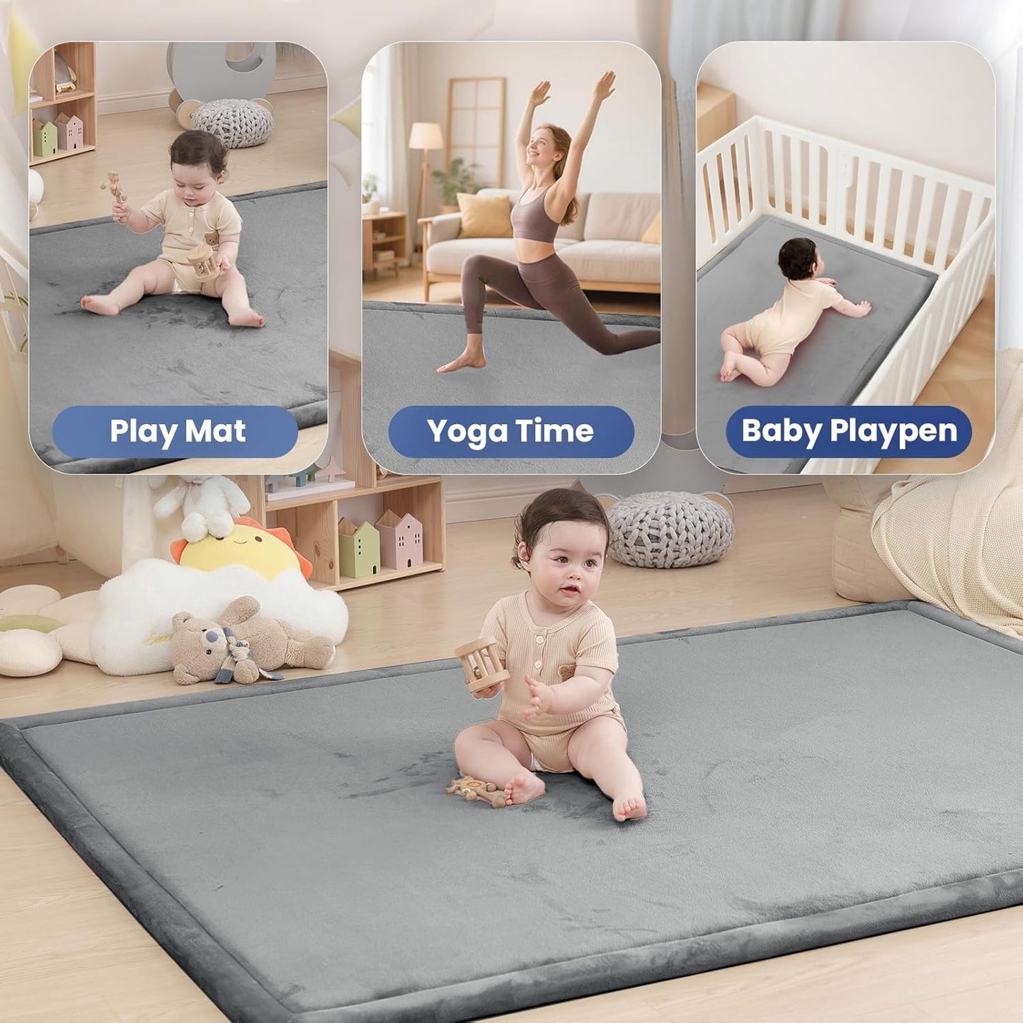 Baby Play Mat for Floor,1.3" Thick Memory foam Tummy Time Mat,Water Repellent Soft Velvet Nursery Rug,Extra Large Non Slip for Crawling,Toddlers,Infants,kids,Tatami Style for Living Room(Dark Grey)