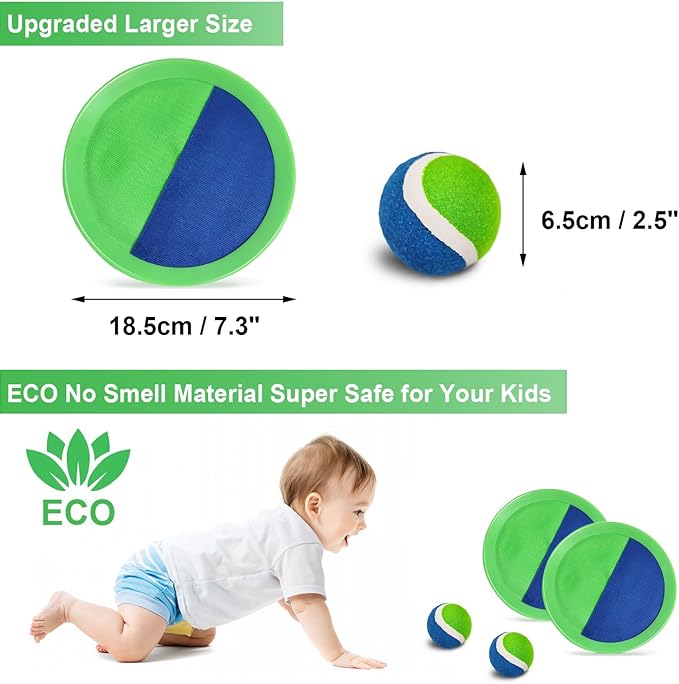 Jalunth Ball Catch Set Game Toss Paddle - Beach Toys Back Yard Outdoor Games Pool Backyard Target Throw Sticky Set Age 3 4 5 6 7 8 9 10 11 12 Years Old Boys Girls Kids Easter Gifts Green Blue 2 Pack