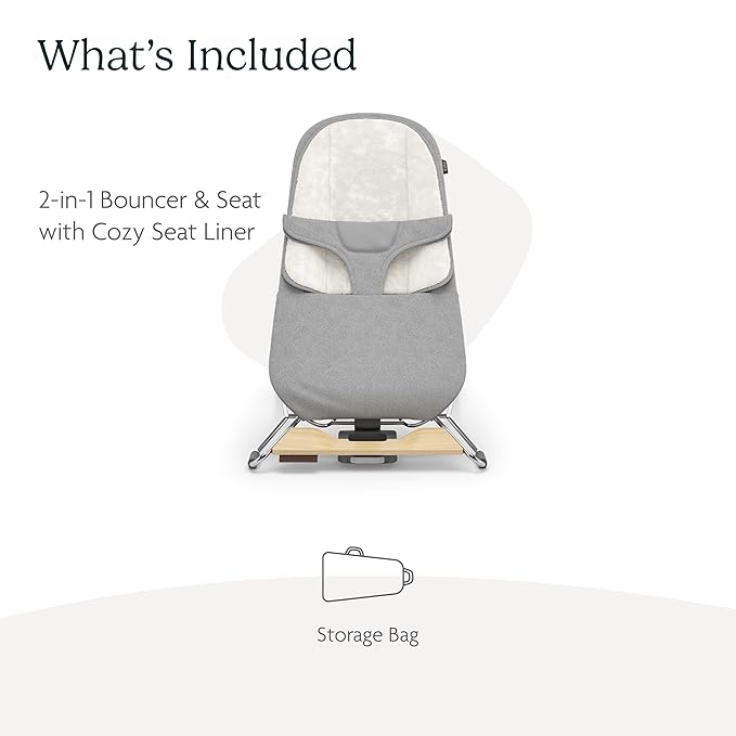 UPPAbaby Mira Bouncer/Portable 2-in-1 Bouncer + Seat Grows with Your Baby/GREENGuard® Gold, JPMA + FSC® Certified/Cozy Seat Liner + Storage Bag Included/Stella (Grey Mélange/Silver Chrome/Maple Wood)
