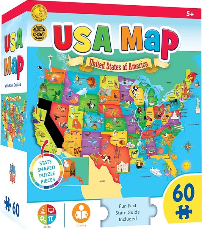 MasterPieces 60 Piece Educational Jigsaw Puzzle for Kids - USA Map State Shaped - 16.5"x12.75"