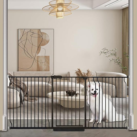 Extra Wide Baby Dog Gates for Doorways Tension Indoor Safety Gates Black Metal Large Pressure Mounted Pet Gate Walk Through Dog Gate for The House Stairs (Black, 76.38"-86.3"/194-219CM)