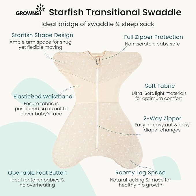GROWNSY Transitional Swaddle Sleep Sack 6-12 Months, Starfish Design Baby Swaddle Sack, Dual-Zipper for Easy Diaper Changes, Proper Hip Development & Openable Foot Button, 19-27 lbs, Deer