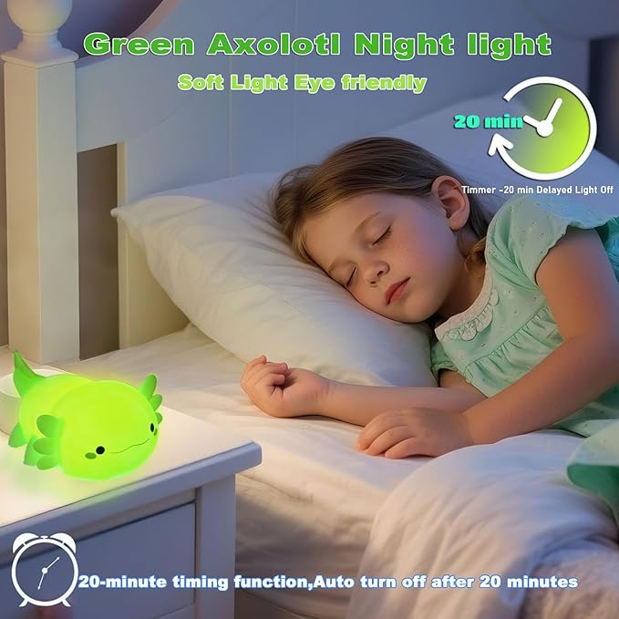 HAPPYBAG Axolotl Night Light,Cute Axolotl lamp Gifts for Kids,Dimmable Silicone Animal Nursery Night Light,Kawaii Rechargeable Bedside Touch Lamp,Baby Room Decor Axolotl Light
