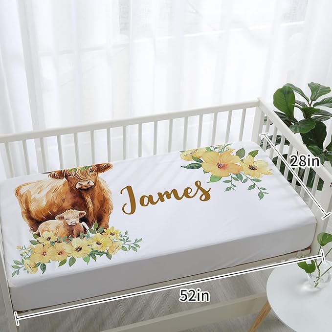 Personalized Baby Crib Bedding Set, 5-Piece Highland Cow Design Baby Crib Sets with Custom Name, Toddler Double Layer Blanket Fitted Sheets Changing Pad Cover Rug Wall Art Set, Charming Nursery Decor