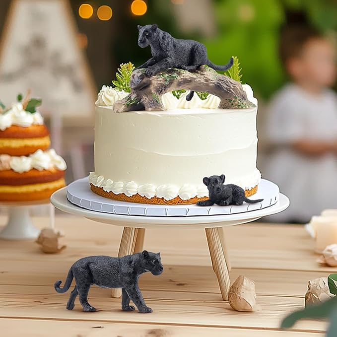 Toymany 7PCS Black Panthers Figurines with Panther Cub and Tree Trunk, Realistic Jungle Animals Figures Family Playset, Educational Toy Cake Toppers