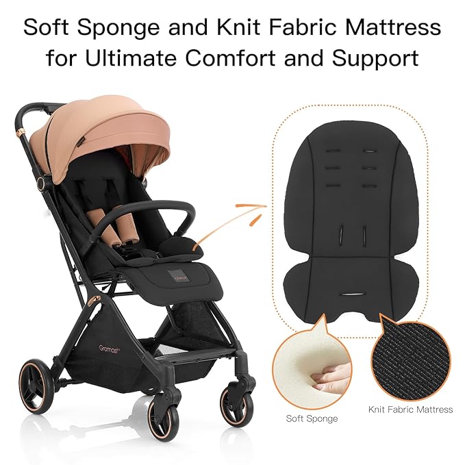 Gravity Folding Baby Stroller - Portable Travel Toddler Stroller w/Adjustable Backrest & Canopy, Cup Holder, Lightweight and UV Protected, One-Hand Automatic Folding - Khaki