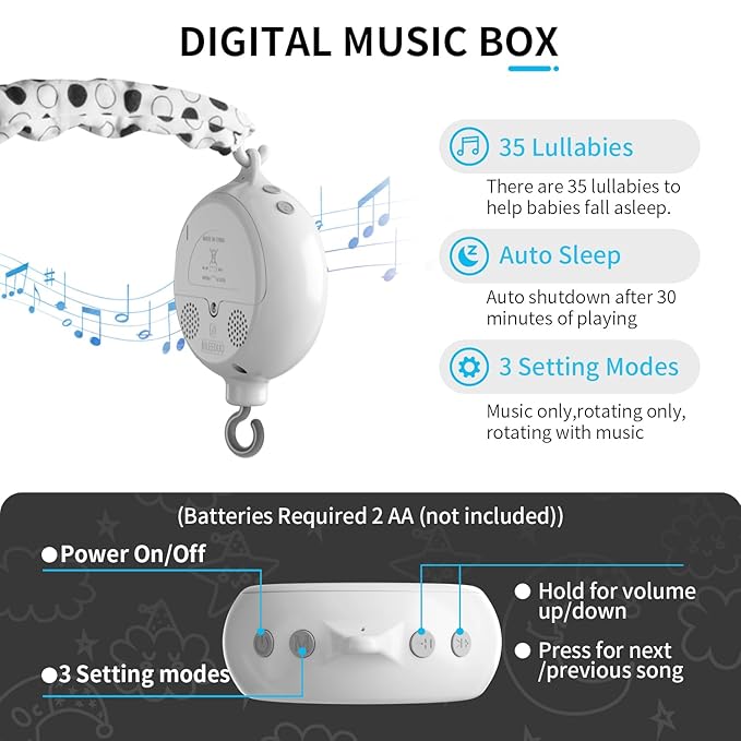 FEISIKE Baby Crib Mobile, Crib Toys Hanging with 35 Lullabies, 3 Modes Digital Musical Box（Turn Only, Music Only, Turn & Music Newborn Baby Toys Black/White for Boys and Grils