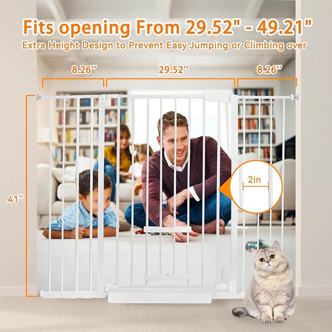 41 Inch Tall Baby Gate with Small Cat Door, Adjustable Auto Close Dog Gate Easy Walk Thru Pet Door for Stairs, Doorway, House (White, 29.52"-49.21")