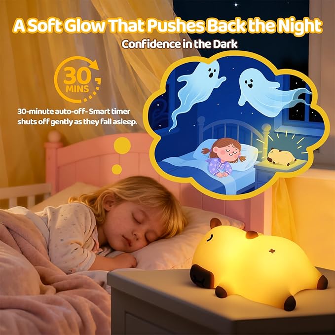 Mewaii Snoring Sound Capybara Night Light for Kids -Silicone Breathing Capybara Gifts Lamp with 3-Level Dimming, Cute Light Rechargeable Cuddly Bedtime Companion for Nursery, Baby Toys& Room Decor