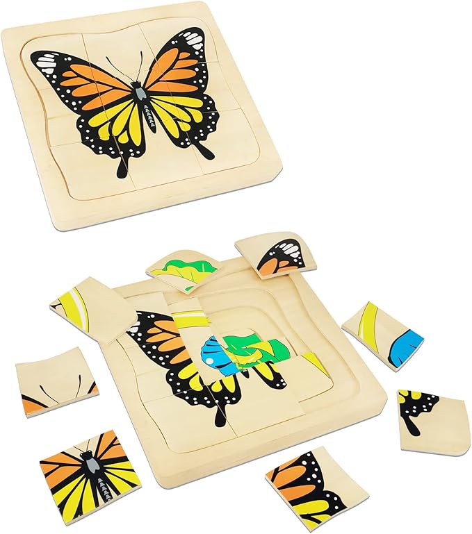 Montessori Wooden Puzzles for Kids Ages 4-8, 4 Layer Life Cycle of Butterfly Jigsaw Puzzle for Toddlers, Children Preschool Learning Educational Puzzles Spring Toys Gift for Boys and Girls (Butterfly)