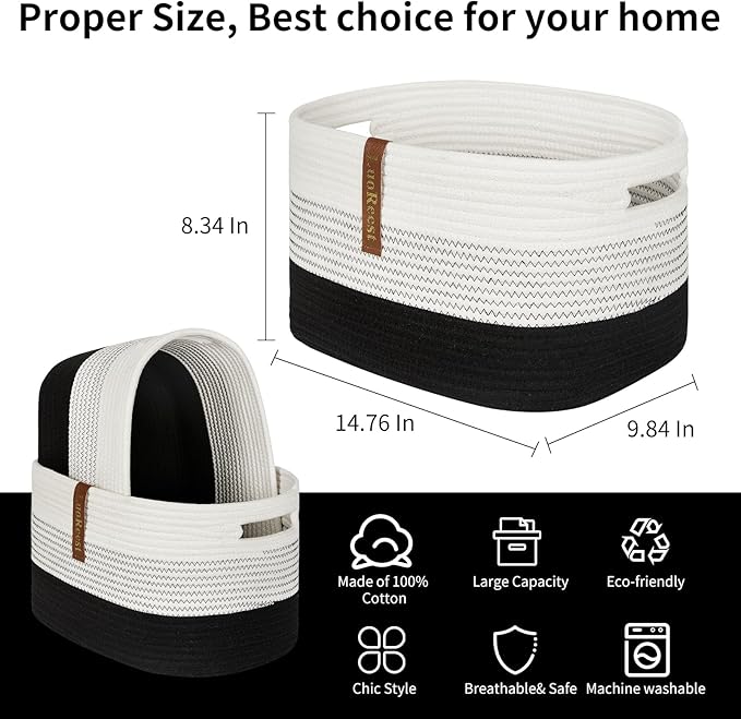 15"x10"x9" Storage Basket (3 Pack), Woven Baskets for Shelves, Blanket Storage for Living Room, Toy Basket for Nursery, 100% Cotton Rope, Safe for Baby