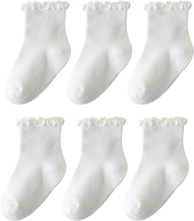 6 Pairs Toddler Ruffle Socks for Girls Baby Grip Socks Non Slip Socks Cute Grippy Frilly