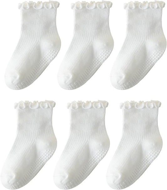 6 Pairs Toddler Ruffle Socks for Girls Baby Grip Socks Non Slip Socks Cute Grippy Frilly