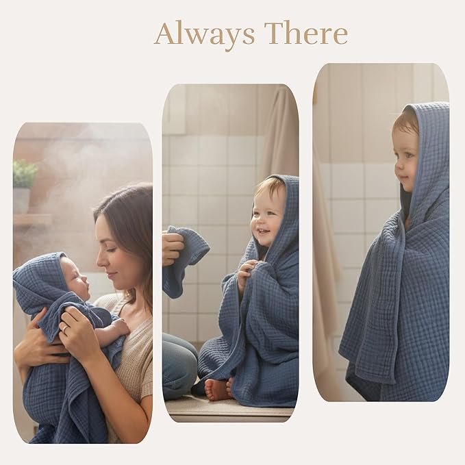 4-Piece Muslin Bath Towel Set - Perfect for New Moms, 32x32 Inch, 6-Layer Ultra-Soft Cotton, Ideal for Infants (Coffee & Blue)