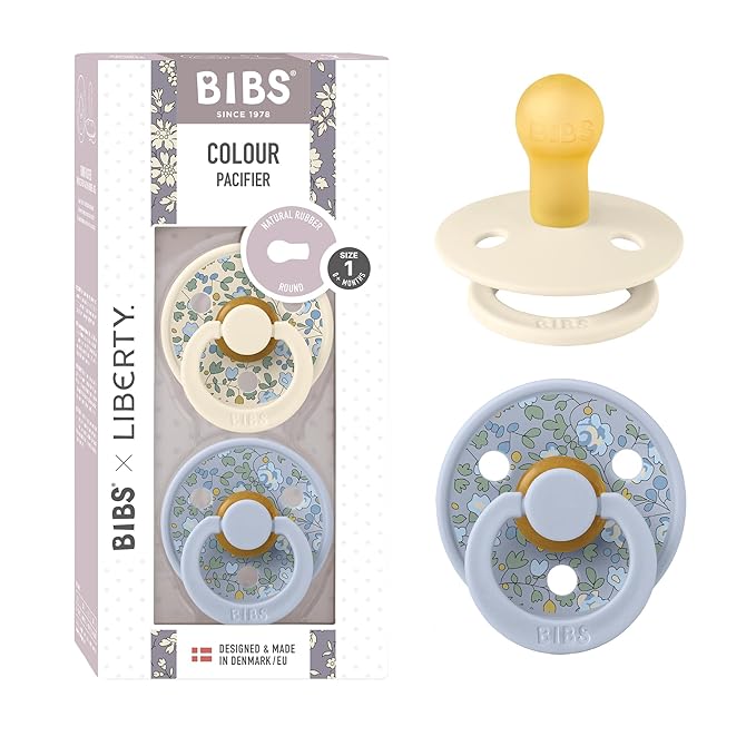 BIBS Colour Liberty Soother 2-Pack, BPA Free Dummy Pacifier, Round Nipple. Natural Rubber Latex, Made in Denmark, Size 1 (0-6 Months), Eloise Dusty Blue