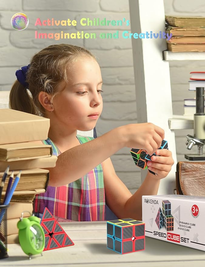 ROXENDA Speed Cube Set, Magic Cube Set of 2x2x2 3x3x3 Pyramid Cube Smooth Puzzle Cube (Carbon Fiber)