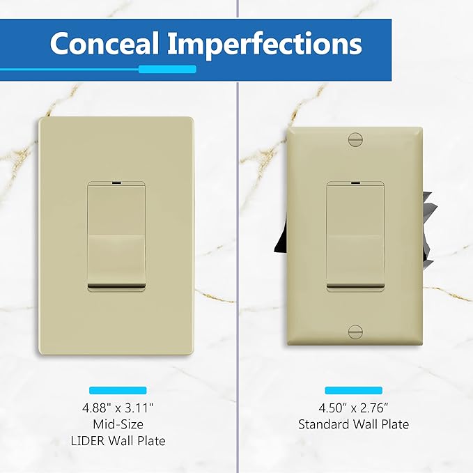 LIDER Matte Finish Decorator Switch Cover, Screwless Wall Plate, Mid-Size 1-Gang 4.88" x 3.11", Unbreakable Polycarbonate Thermoplastic, UL Listed, LSWP-31M-I, Ivory