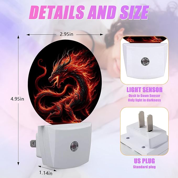 Red Dragon Night Light LED Lamp Round Plug into Wall Nightlight with Dusk to Dawn Sensor Home Hallway Stairway Kitchen Decor