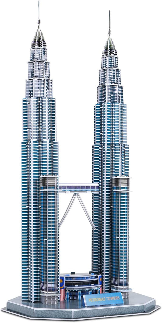 3D Puzzles for Adults & Kids, Petronas Twin Towers City Architecture Building Model Kit, 3-D Jigsaw Puzzles DIY STEM Desk Toys Christmas Birthday Gift for Hobbyist Teens Boys Girls 10-12-14, 130 PCS