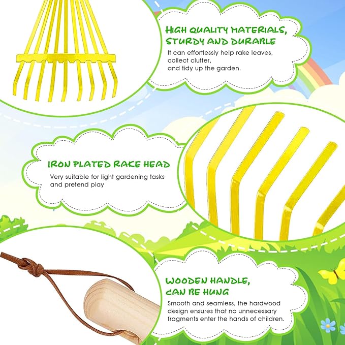 2Pcs Kids Rake Garden Tool Set Toy,Child Size Lawn Small Rakes and Garden for Leaves,Wooden Gardening Toy Rakes with Detachable Handles Outdoor Toys Gift for Boys and Girls (Green+Yellow)