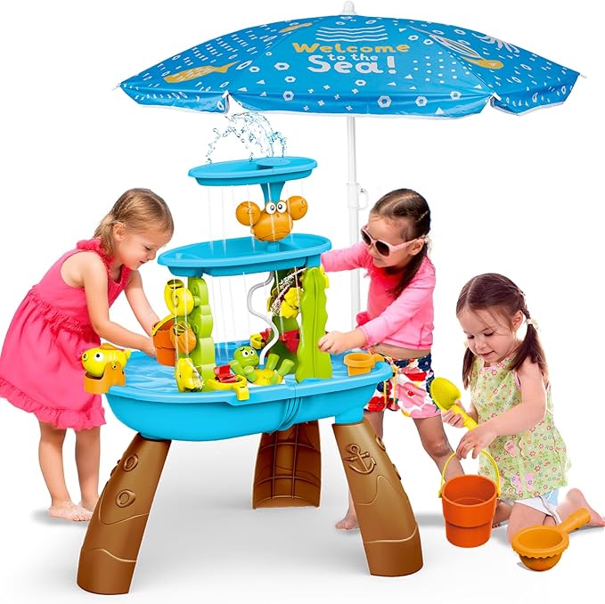 Outdoor Sand & Water Table for Kids Ages 3-8 - Sensory Play Table with Electric Water Pump, Umbrella, & Accessories for Backyard Fun