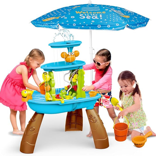 Outdoor Sand & Water Table for Kids Ages 3-8 - Sensory Play Table with Electric Water Pump, Umbrella, & Accessories for Backyard Fun