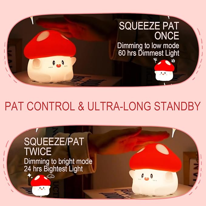 Mushroom Night Light, Cute Hug Mushroom Decor Lamp, Led Squishy Soft Silicone Night Lamp, Dimmable Rechargeable Portable Touch Nightlight for Kids Sleep, Nursery Room Cute Christmas Gifts