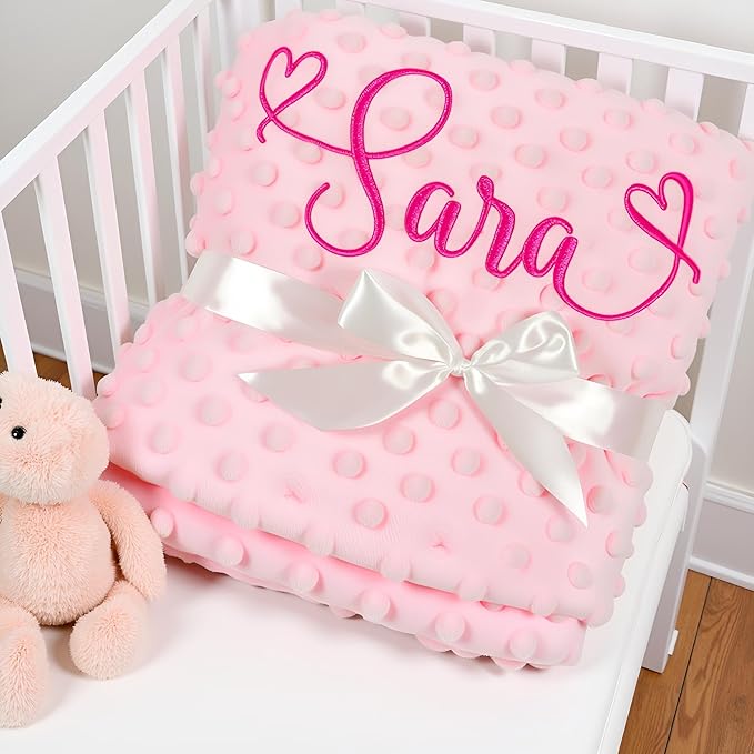 Personalized Baby Blankets for Girls and Boys, Custom Baby Blanket with Name, Embroidered Soft Minky Fleece Customized Nursery Blanket, Newborn Shower Christening Birthday Gift, 27 * 35 Inch