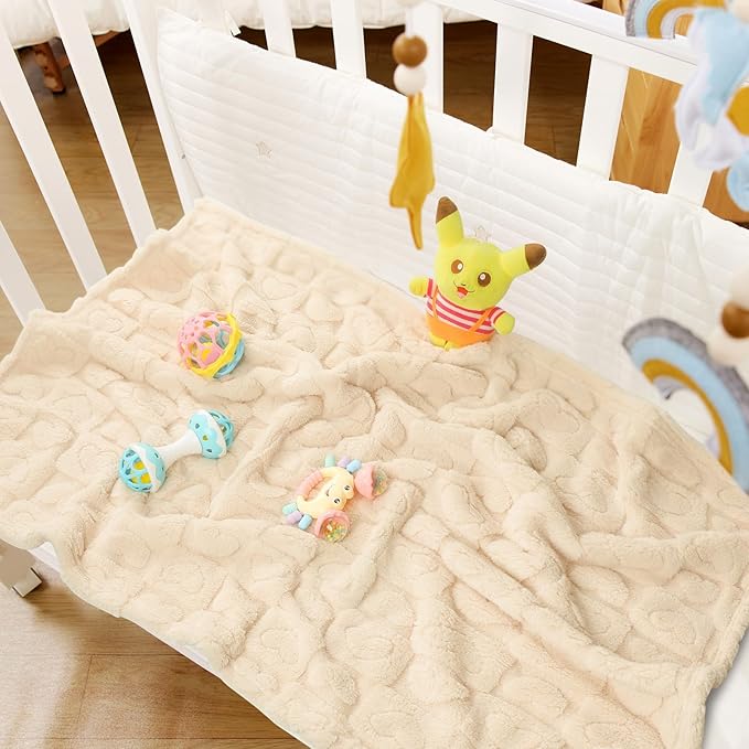 4 Pack Soft Newborn Fleece Baby Blanket for Girl, Crib Blankets with Checked Design Cute Samll Toddler Receiving Blanket for Baby Shower, 30”×40”, (Cream White)