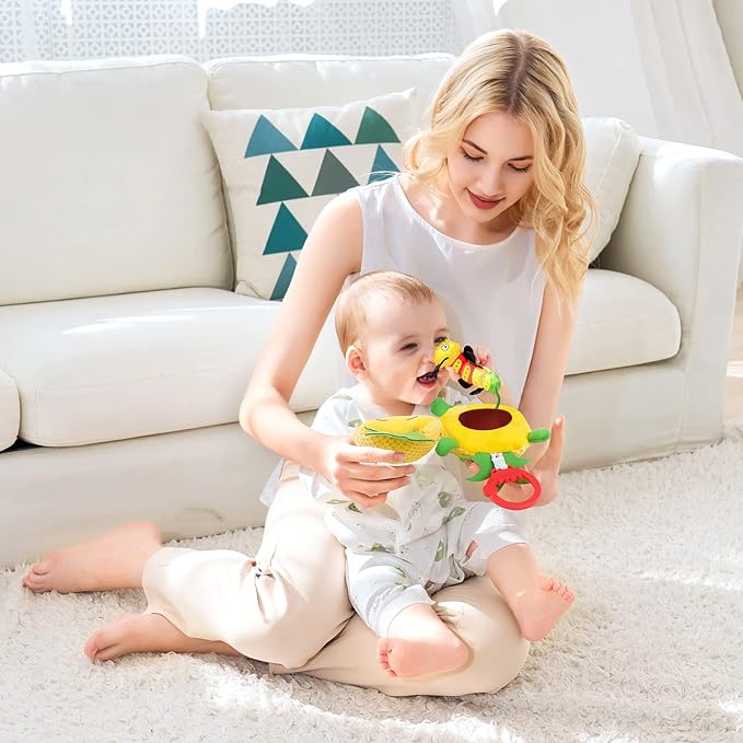 Jollybaby Newborn Plush Stuffed Fruit Rattle Toy for Stroller Car Seat Crib, Montessori Sensory Plush Pineapple Toy with Rattle and Mirro Toy for Baby 0-6-12 Month, Infant Baby Boy & Girl Shower Gift