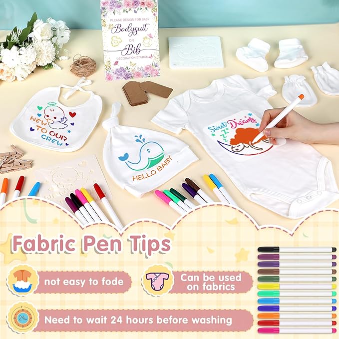 162Pcs Baby Shower Game Decorations Kit with Bibs, Fabric Markers, Wooden Sign, Bodysuits & Tags