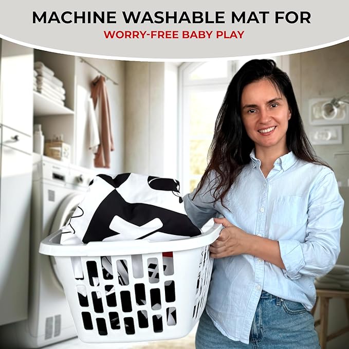 QUOKKA Padded Baby Gym Mat for Floor Tummy Time - Super Soft Black&White Play Gym Mat for Kids Toddlers & Infants - 6 Toys | Thick Pad | Machine Washable | Black White Colors for Vision Development