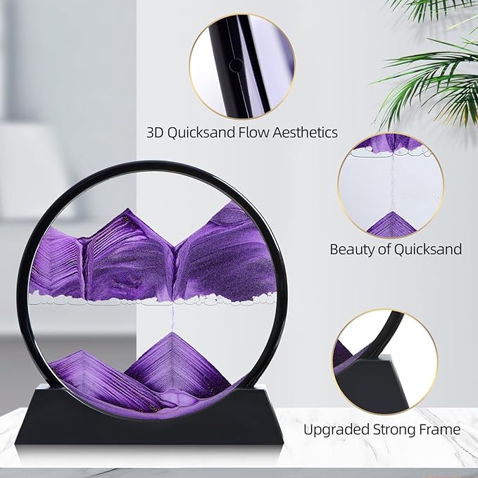 Moving Sand Art Liquid Motion, 3D Deep Sea Sandscape Color Quicksand Decor, Round Glass Moving Sand Art Picture Relaxing Desktop Home Office Work Decor (Purple, 12 inch)