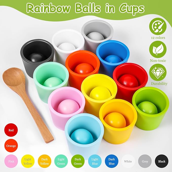 Rainbow Balls in Cups Toddler Montessori Toys - Color Sorting Toys for Toddlers for 3 Year Old Up, Learning Color Sorting and Counting, Kids Preschool Wooden Matching Games (12 Balls, 1.4 in)