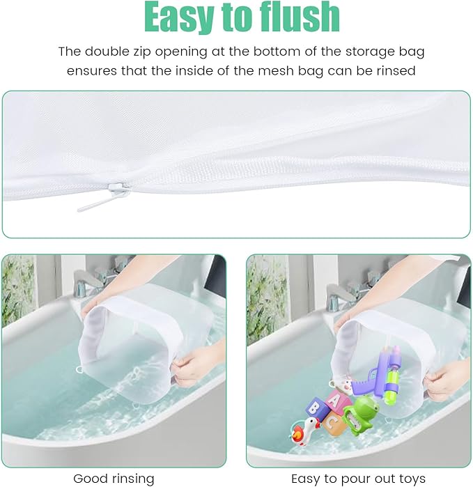 4Pcs Bath Toy Organizer with 8 Hooks Large Capacity Bathtub Toy Storage Organizer with Handles and Bottom Zippers for Storage and Classification