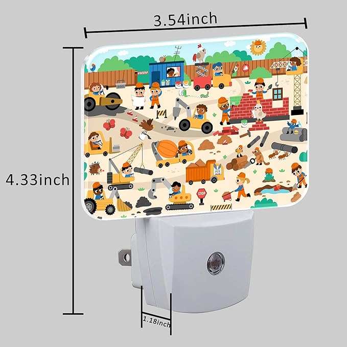 Cartoon Construction Site Scene Night Light for Kids Girls Boys, Funny Kid Builders LED Night Light Plug into Wall with Dusk to Dawn Sensor for Bedroom,Hallway,Kitchen,Bathroom,Stairs Decor