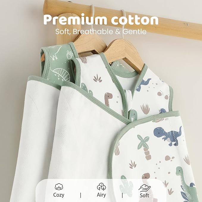 Baby Swaddle Sleep Sack 3-6 Months, Swaddles for Newborns Boy Girl, 3-Way Adjustable Infant Swaddle Wearable Blanket with Zipper & Detachable Wrap, 2 Pack Soft Snug Green Dinosaur