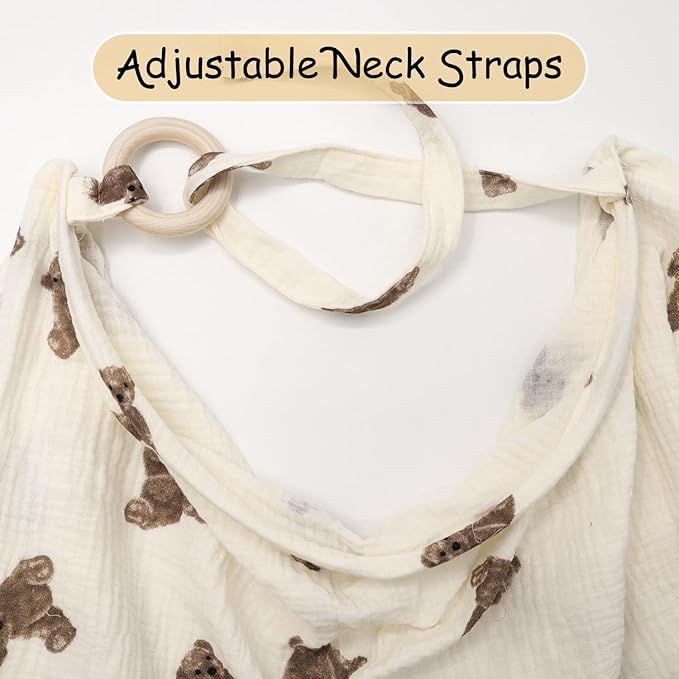 Muslin Nursing Cover for Baby Breastfeeding, Breathable 100% Cotton Breastfeeding Cover with Rigid Hoop for Mother Nursing Apron, Multi-use Carseat Canopy (Bear)