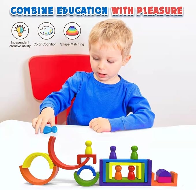 Wooden Toys, Montessori Toys for Kids 3 4 5 6+Years Old Boys Girls Rainbow Stacking Blocks Set Preschool Activites Educational Toy Gifts for Toddler-19PCS