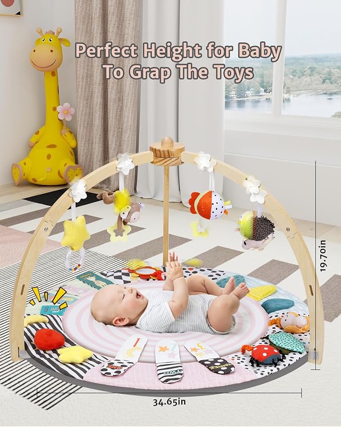 Baby Play Mat Activity Gym,6 Developmental Zones Tummy Time Mat, Wooden Baby Play Gym with 7 Detachable Sensory Toys for Newborn Brain Development, Essential Baby Shower Set, Pink
