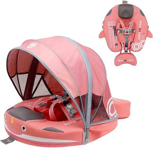 Non-Inflatable Mambobaby Float with Canopy, UV-Protective Baby Swimming Float with Safety Buckle, Anti-Flip Tail Swim Trainer Infant Pool Floats (Q04NPink-Q04NPCTRURBKMH01Q04)