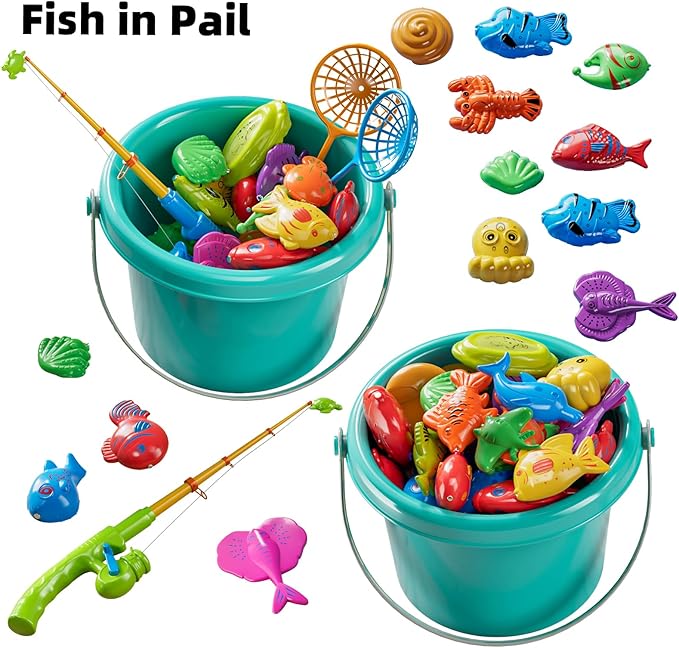 TEMI Magnet Fishing Game for Kids 4-8, Fish Toys for Kids 3-5, Bathtub Floating Fishing Pole, Water Table Pool with Rod Net, Summer Water Play Indoor and Outdoor, Gifts for Holiday for Boy and Girls