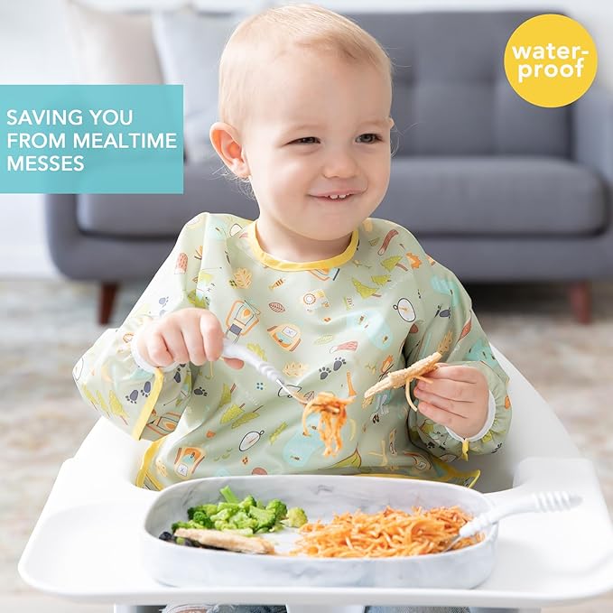 Bumkins Sleeved Bib for Girl or Boy, Baby and Toddler for 6-24 Mos, Essential Must Have for Eating, Feeding, Baby Led Weaning, Long Sleeve Mess Saving Food Catcher, Soft Fabric, Camp Gear Green